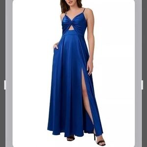 AIDAN BY AIDAN MATTOX Satin Twist-Front Cutout Gown in True Blue
